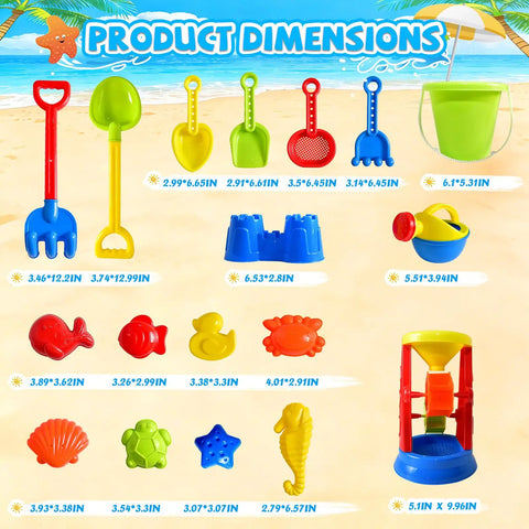 Epic 19-Piece Beach Sand Toy Set For Kids Ages 3 To 13 includes colorful tools, molds, and dimensions displayed on sand backdrop.