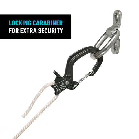 CamJam SlideLock Rope Tightener With Quick Release Lever Pull To Tighten Lock No Fuss 500 Lb Working Load 1500 Lb Break Strength Fits 3 To 6mm Rope Cast Aluminum Tensioner For Secure Knot Free Load attached to a ring with rope, showcasing locking carabiner.