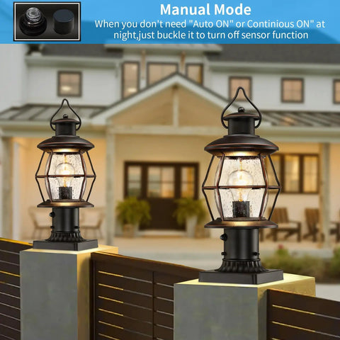 Dusk To Dawn Outdoor Post Light With Pier Mount Base 16.8 Inch Waterproof Hardwired 120V Oil Rubbed Bronze Post Lighting installed on driveway pillars