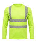 Shop Floor Ready Long Sleeve Hi Vis Safety Shirt With Bold Reflective Strips Class Three Ansi Certified Work Tee front view on white background.