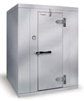 Heavy Duty Rock Solid Remote Walk In Commercial Cooler, 5 Foot 10 Inch Wide X 7 Foot 9 Inch Deep X 7 Foot 6 Inch High unit, silver exterior.
