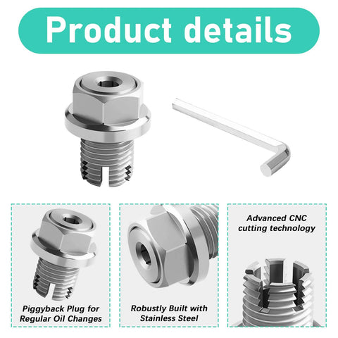 Get Your Car Running Smooth With This Heavy Duty Oversize M14 Piggyback Self Tapping Oil Drain Plug Repair Kit To Fix Stripped Threads And Stop Leaks Fast Without Costly Pan Replacements Or Drippy Engine Oils. Stainless steel M14 piggyback oil drain plug with hex key