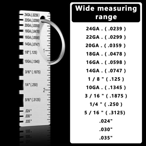 Double Sided Wire Metal Sheet Thickness Gauge Tool Set Handy Portable Gauge For Welding, showing size measurements and scales.