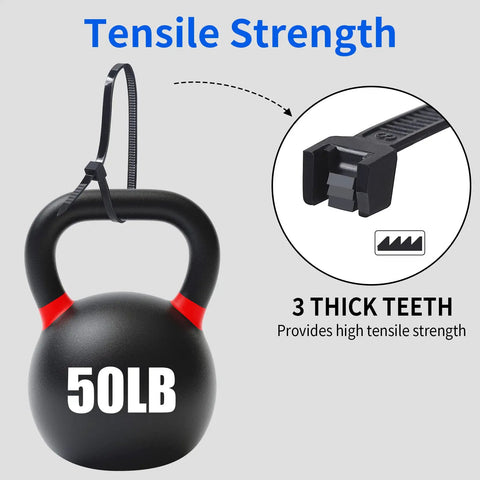Beefy Heavy Duty Zip Ties 1000 Pack 8 Inch 50 LB Tensile Strength UV Resistant Black Cable Ties demonstrating tensile strength with 50LB weight