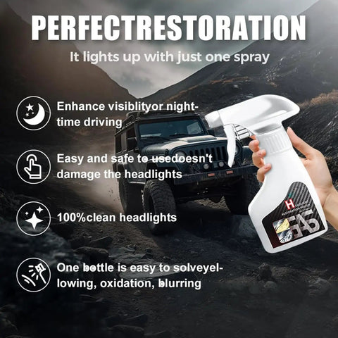 Automotive Headlight Restoration Fluid Kit For All Vehicles, held in hand, promoting clear vision on rugged terrain at night.