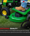 Person standing on John Deere lawn tractor displaying Steering Sector Pinion Gear Rebuild Kit For John Deere Lawn Tractors L100 L105 L107 L110 L118 L108 L111 G110 L130 L120 Replaces GX20052BLE Easy Install Durable Replacement To Fix Steering Slop And Save Time.