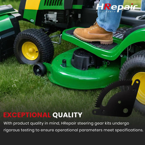 Person standing on John Deere lawn tractor displaying Steering Sector Pinion Gear Rebuild Kit For John Deere Lawn Tractors L100 L105 L107 L110 L118 L108 L111 G110 L130 L120 Replaces GX20052BLE Easy Install Durable Replacement To Fix Steering Slop And Save Time.
