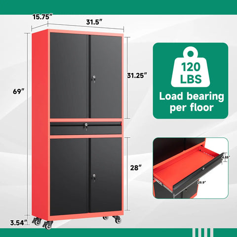 Beefy Metal Garage Storage Cabinet On Wheels With Rolling Tool Cabinet Adjustable Shelves And Drawer For Garage Home Office Or Utility Room Red Finish showing dimensions and load capacity