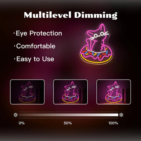 Cat donut neon sign on multilevel dimming poster showcasing eye protection and comfort features.