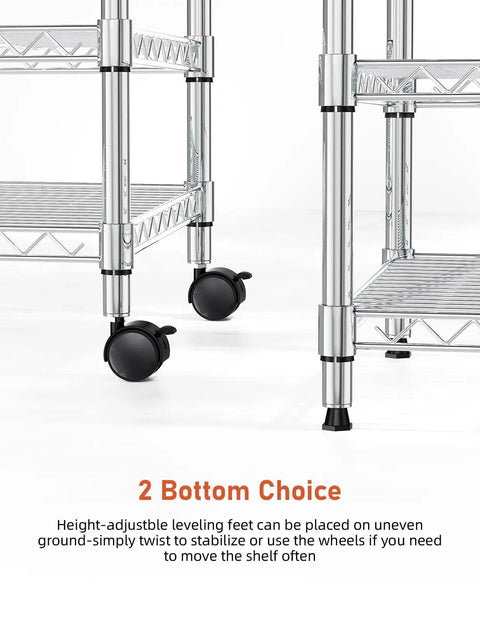 Heavy Duty Chrome Steel Rolling Storage Shelves Three Tier Mobile Wire Rack with adjustable leveling feet and wheels.