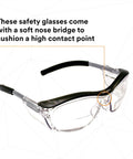 Close-up of Built In Plus 1.5 Magnifying Bifocal Readers In Safety Glasses With Clear Lenses, ANSI Z87 Certified, Retro Gray Frame.