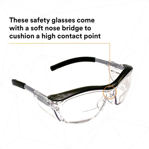 Close-up of Built In Plus 1.5 Magnifying Bifocal Readers In Safety Glasses With Clear Lenses, ANSI Z87 Certified, Retro Gray Frame.