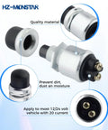 Waterproof 12V 24V Push Button Starter Switch 50A Heavy Duty For Cars Boats Trucks Tractors And Marine Applications Momentary Engine Start Button With Weatherproof Rubber Cover 2 Pack Black close-up with threaded metal body