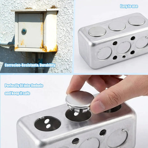 Heavy Duty Stainless Steel Knockout Plugs For Electrical Boxes And Entry Doors 3/4 Inch Round Seal Caps With Rock Solid Anti Theft Buckle 12 Piece Set shown in hand.