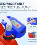 Blue portable rechargeable electric fuel transfer pump with long hose and ON/OFF switch for gasoline/diesel/kerosene