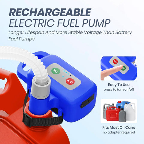 Blue portable rechargeable electric fuel transfer pump with long hose and ON/OFF switch for gasoline/diesel/kerosene