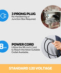 Diagram showing a 3 prong plug and 8 ft power cord for Outdoor Wall Mount Fan With Remote Wet Rated For Patios Garages And Workshops 5100 CFM High Velocity Airflow 3 Speed Settings 80 Degree Oscillation 15 Degree Tilt Matte Black Finish.