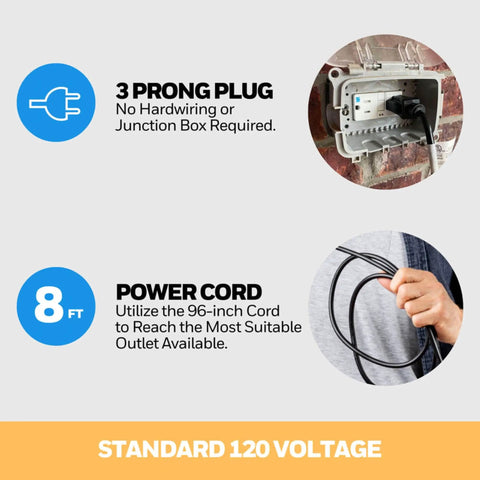 Diagram showing a 3 prong plug and 8 ft power cord for Outdoor Wall Mount Fan With Remote Wet Rated For Patios Garages And Workshops 5100 CFM High Velocity Airflow 3 Speed Settings 80 Degree Oscillation 15 Degree Tilt Matte Black Finish.