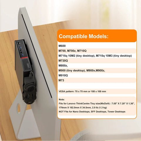 Hella Secure Vesa And Under Desk Wall Mount Bracket For Small Form Factor Tiny Desktop Towers mounted on a monitor with compatible models listed.
