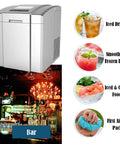 Slick Compact Countertop Ice Maker Machine Yielding Lightning Fast Five Minute Cubes With Whisper Quiet Operation and Easy Self Cleaning for No Sweat Beverage Prep on bar counter.