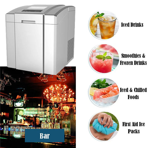 Slick Compact Countertop Ice Maker Machine Yielding Lightning Fast Five Minute Cubes With Whisper Quiet Operation and Easy Self Cleaning for No Sweat Beverage Prep on bar counter.