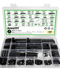 400 Pcs Roll Pin Assortment Kit with slotted tension pins, split dowels, and expansion pins in clear box with size chart.