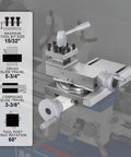 Detailed view of Mechmaxx Metal Lathe Machine 11By30 high precision benchtop features including tool bit size and slide travel.