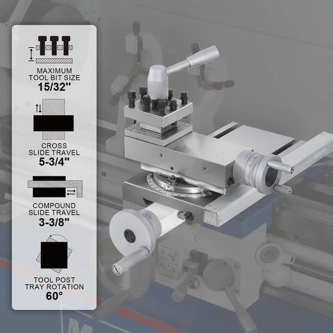 Detailed view of Mechmaxx Metal Lathe Machine 11By30 high precision benchtop features including tool bit size and slide travel.