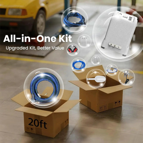 Dry Ice Blasting Machine Kit 2 In 1 With 26 Ft Hose And 44 Lb Hopper Long Reach Anti Clog System packaging with components