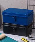 Badass Heavy Duty Metal Toolbox With Secure Locking Latch And Portable Carry Handle For Auto Work And Home Fixes. Blue and black steel toolboxes stacked.