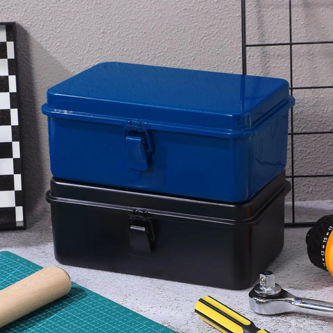Heavy Duty Metal Tool Box Portable Mechanic Storage Chest For Car Trunk Workbench Organizer in blue and black stacked.