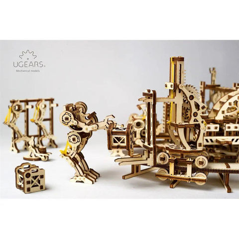 Mechanical Robot Factory 3D Wooden Puzzle Kit From STEAM Line Toys, fully assembled wooden steampunk workshop with gears