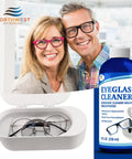 Heavy Duty Ultrasonic Eyeglass Cleaner Concentrate 16 Oz Solution with cleaning fluid and glasses in ultrasonic cleaner.
