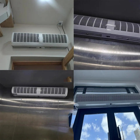 Rock Solid Silent Commercial Air Curtain For Storefront Entry wall mounted above door with sleek design and airflow vents.
