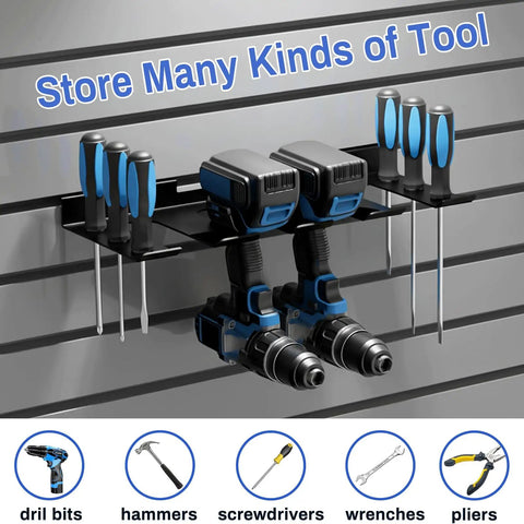 Slatwall Power Tool Organizer 1 Pack With Four Drill Holders Heavy Duty Cordless Tool Rack Mount Holds Up To 40 Lbs with tools