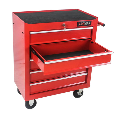 29 Inch Sturdy Steel Rolling Tool Chest With Drawers And Ball Bearing Slides, Brake Wheels, Red Garage Tool Storage Cabinet