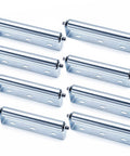 Solid 60 Inch Conveyor Roller Set, Galvanized Steel Rollers with Heavy Duty Brackets stacked in a row, 8 pack for material handling.