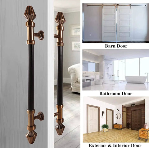 Long Two Side Push Pull Barn Door Handle In Bronze Finish, Interior And Exterior Round Wood Door Set, Adjustable 120cm To 88cm