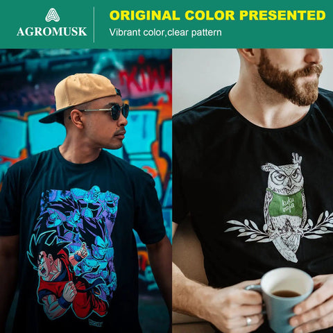 Two T-shirts with prints using Matte DTF Transfer Film for Sublimation and DTG Printing, 8.3 x 11.7 Inch, 50 Sheets PET Direct to Film Paper.