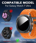 Compatibility guide showing Galaxy Watch 7 Ultra with orange band, not compatible with Galaxy Watch 6 Classic and Galaxy Watch 6.