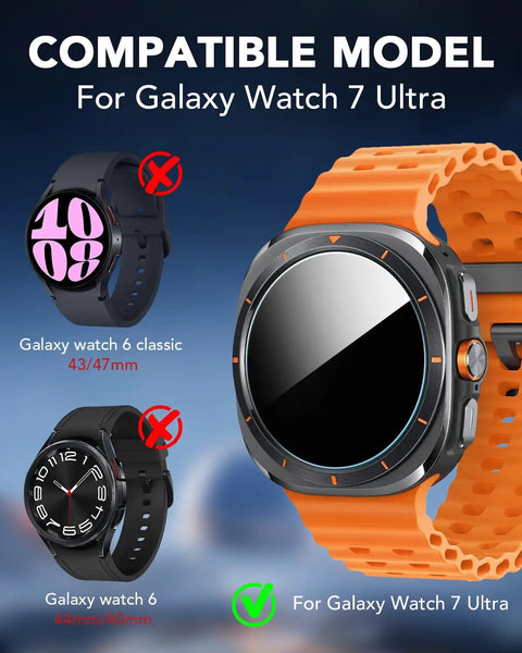 Compatibility guide showing Galaxy Watch 7 Ultra with orange band, not compatible with Galaxy Watch 6 Classic and Galaxy Watch 6.