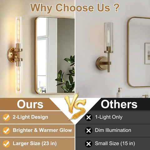 Comparison of 2-Light Gold Wall Sconces, Modern Bathroom Vanity Light with Glass Shades to single light fixtures.