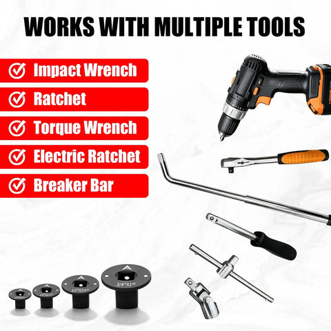 Low Profile Impact Socket Adapter Set For Tight Spaces With Cr Mo Steel Ratchet Converters To Go From 1/4 In To 3/8 In, 3/8 In To 1/2 In, 1/2 In To 3/4 In And 3/4 In To 1 Inch Like A Total Boss used with impact wrench, ratchet, torque wrench, and breaker bar