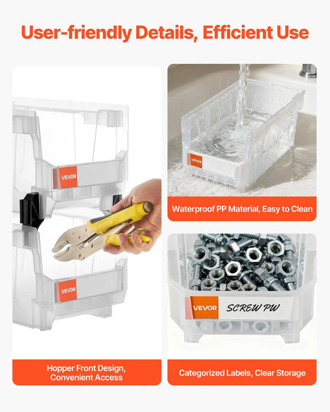 Clear Stackable Storage Bins 6 Pack, 14.8 By 8.5 By 7.1 Inches in use for tools and screws with waterproof PP material
