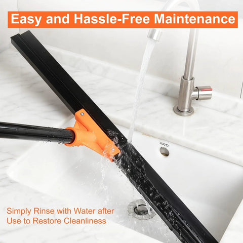 Pro Grade Heavy Duty Floor Squeegee With Long Handle, 18 Inch Rubber Blade being rinsed under tap