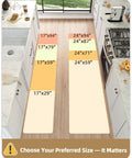 Comparison of different kitchen floor mat sizes including 24x94 inches kitchen runner mat in dark beige, showing placement in a kitchen.