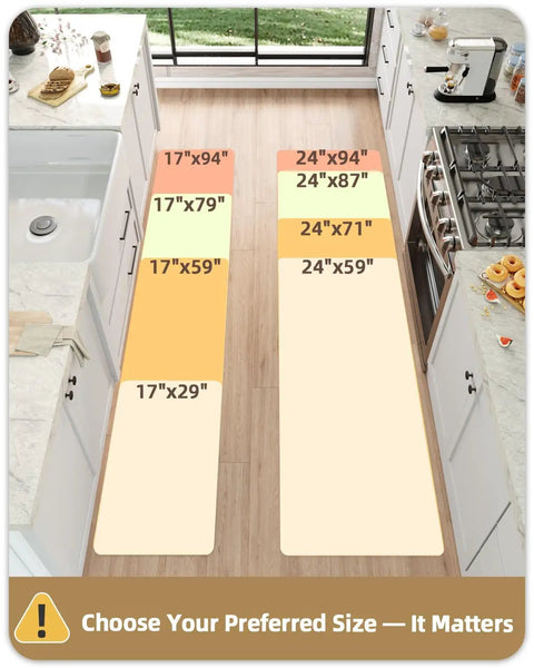 Comparison of different kitchen floor mat sizes including 24x94 inches kitchen runner mat in dark beige, showing placement in a kitchen.