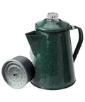 Green enamel percolator coffee pot for campfire brewing with filter basket, ideal for outdoors, cabins, RVs.