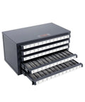 Front view of Five Drawer Steel Tap Dispenser Cabinet With Sixty Compartments Holds Tap Sizes From 2 56 To 12 28, Stackable Gray Cabinet