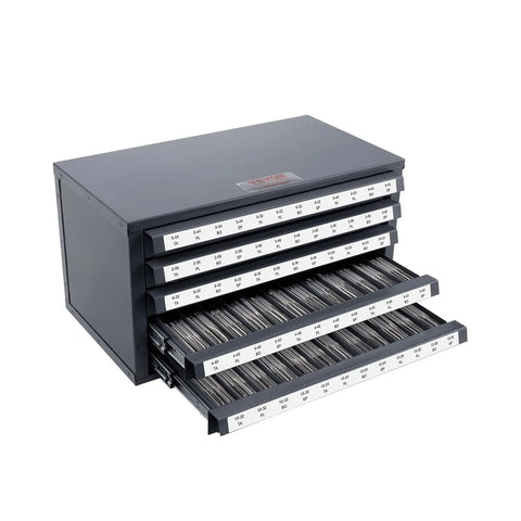 Front view of Five Drawer Steel Tap Dispenser Cabinet With Sixty Compartments Holds Tap Sizes From 2 56 To 12 28, Stackable Gray Cabinet